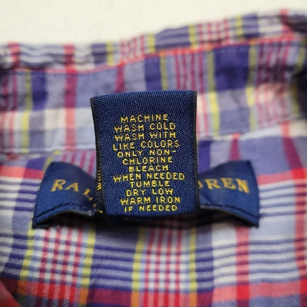 Ralph Lauren Boys Short Sleeve Plaid Button Down Shirt Light Blue Navy Red